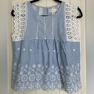 Blue and White Striped Top with Lace Flutter Sleeve